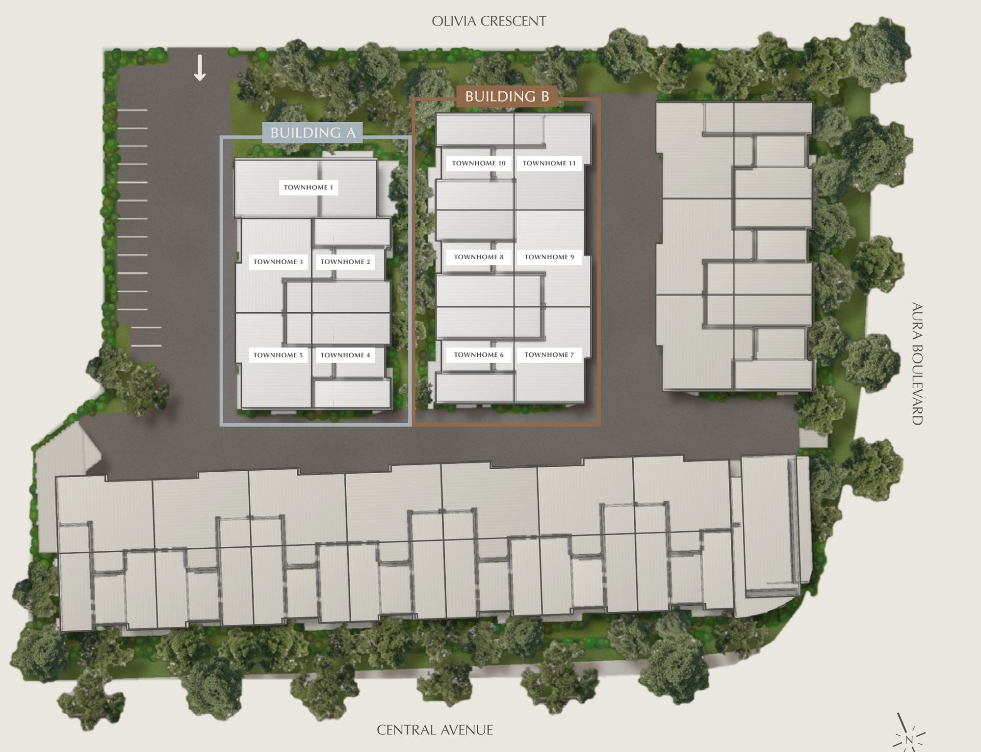 Luma masterplan showing Buildings A and B between Olivia Crescent, Aura Boulevard and Central Avenue