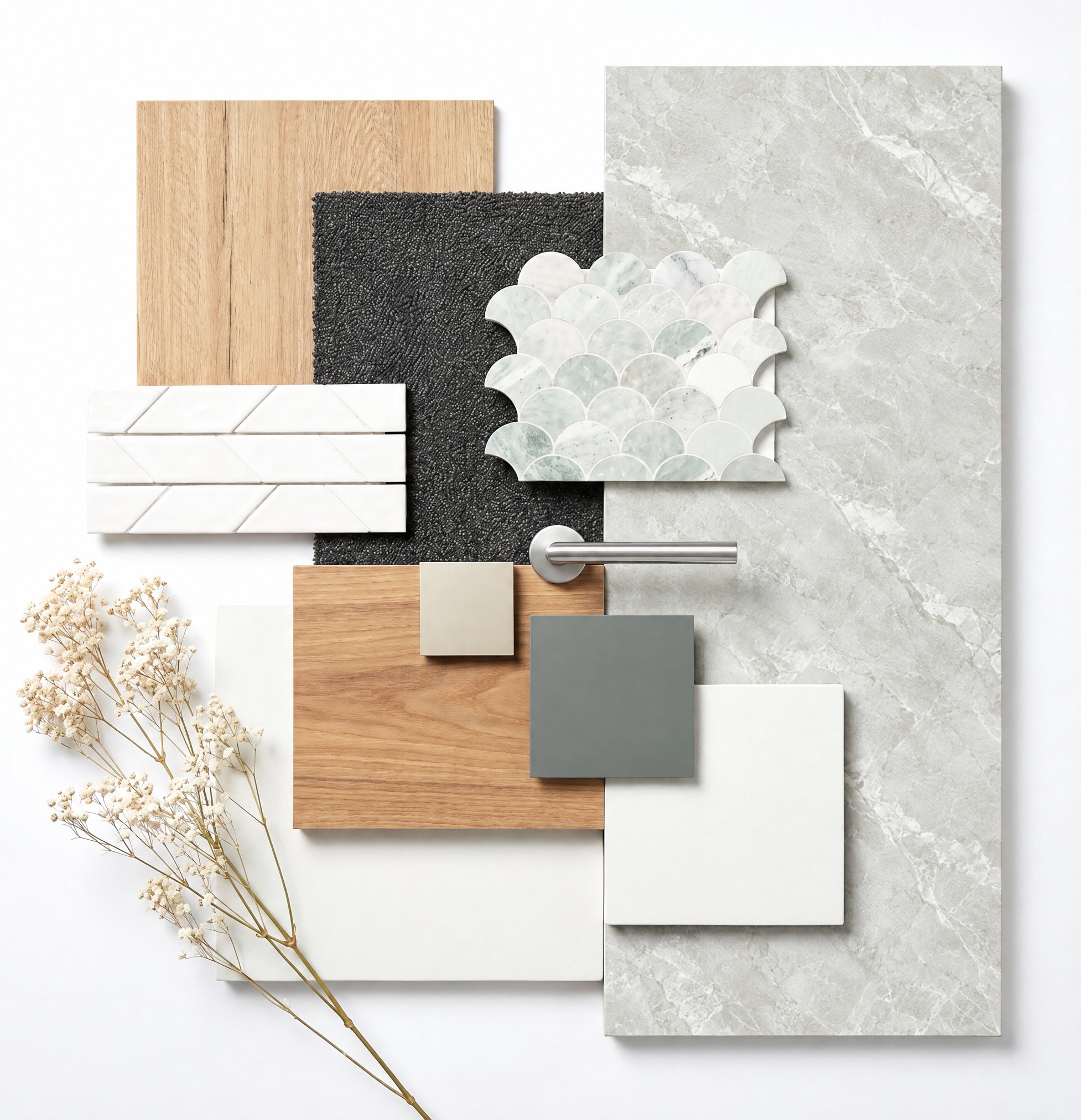 Internal finishes flat-lay: timber, carpet, tiles, stone and door hardware
